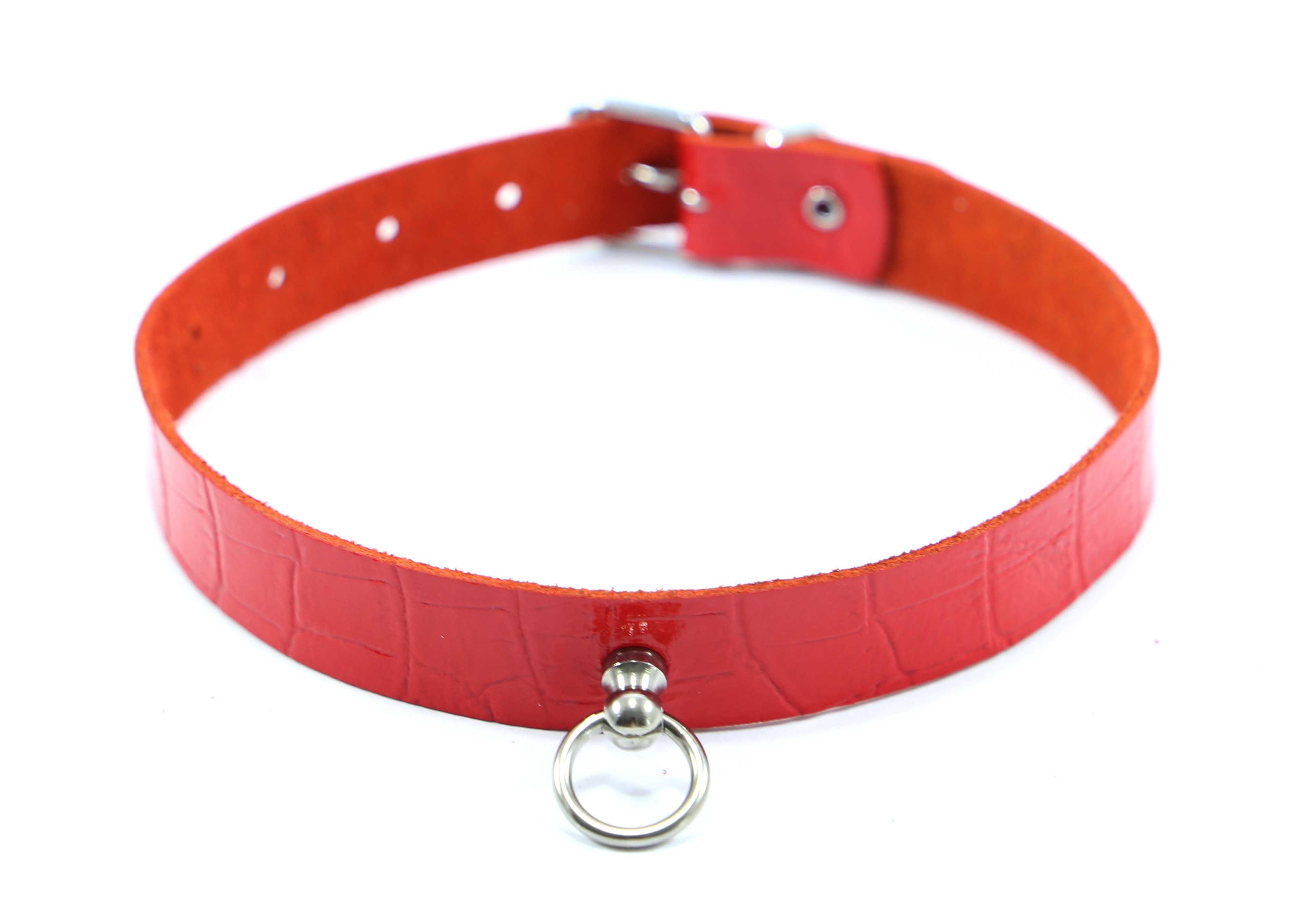 Lack Kroko Halsband mit O-Ring Rot